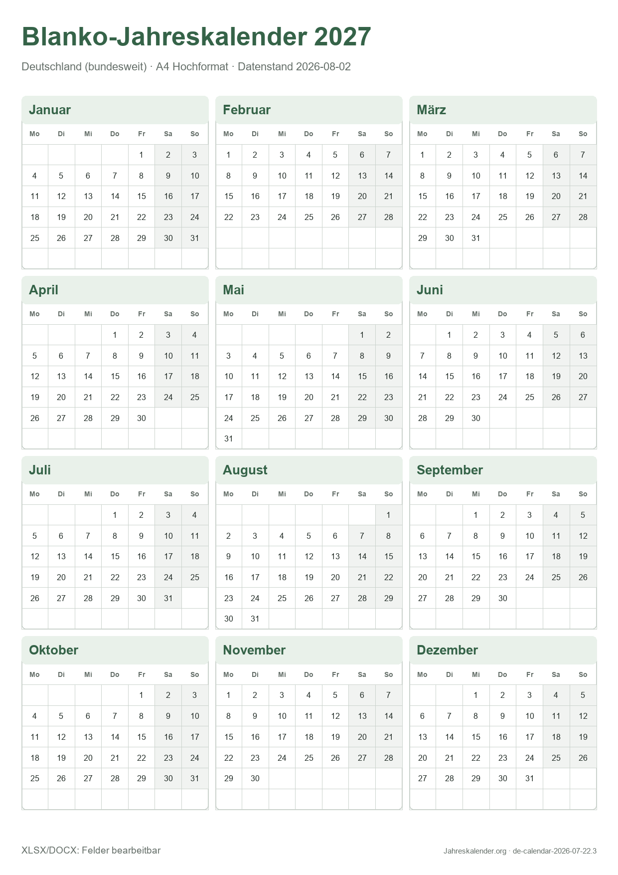 Blanko-Jahreskalender 2027 2027 – Druckvorschau