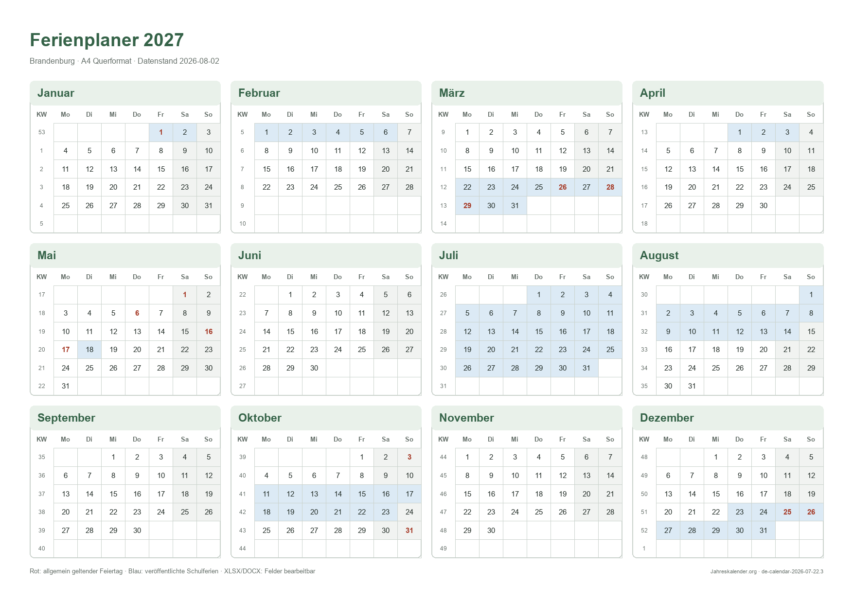 Ferienplaner 2027 2027 – Druckvorschau