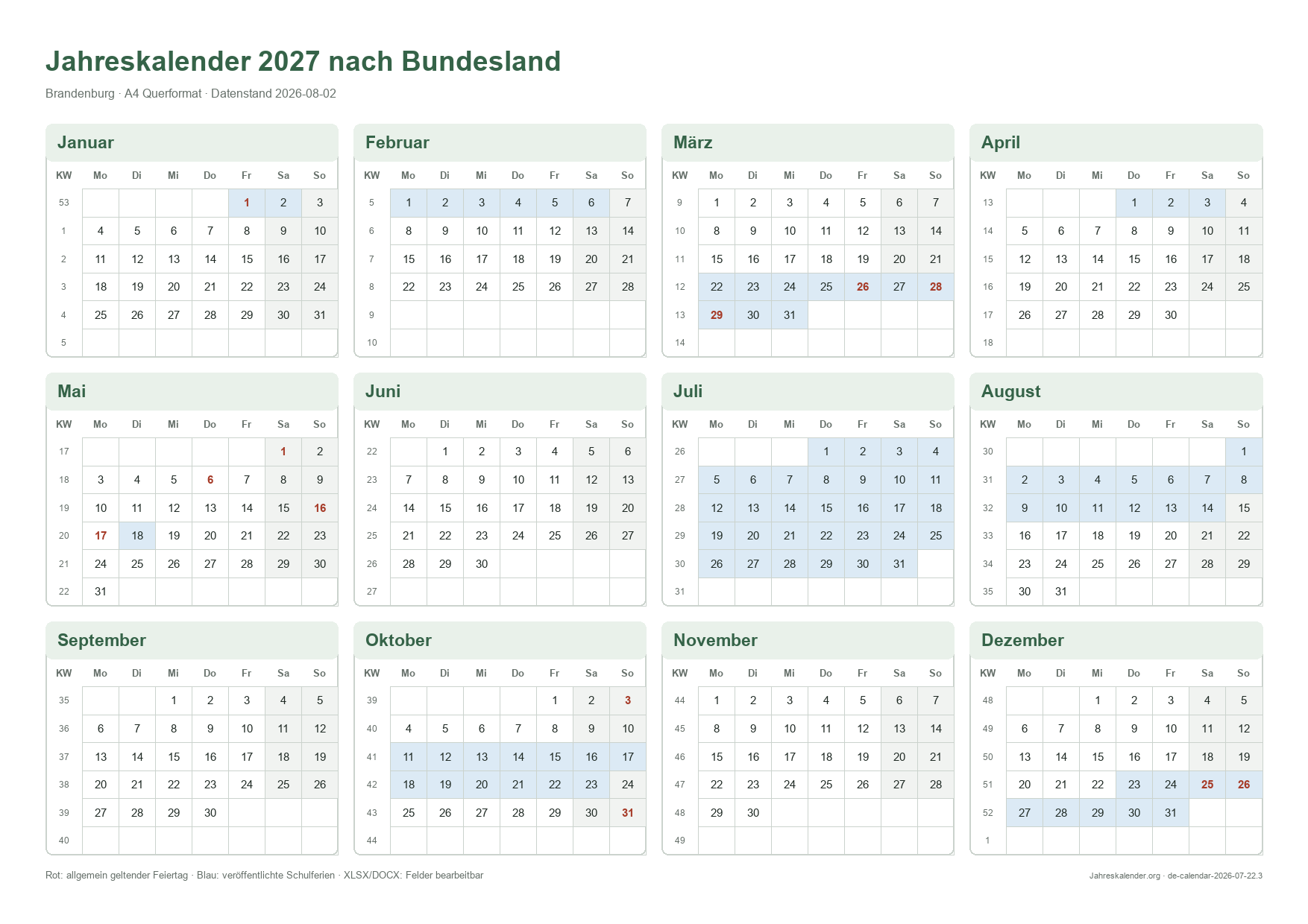 Jahreskalender 2027 nach Bundesland 2027 – Druckvorschau