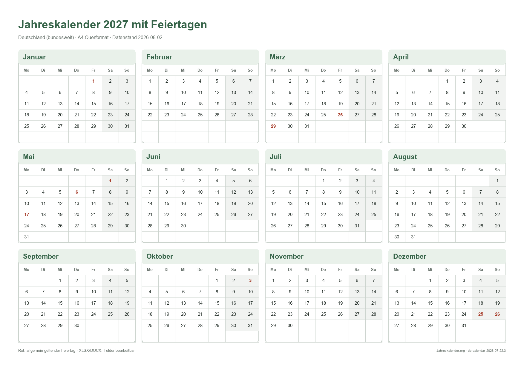 Jahreskalender 2027 mit Feiertagen 2027 – Druckvorschau