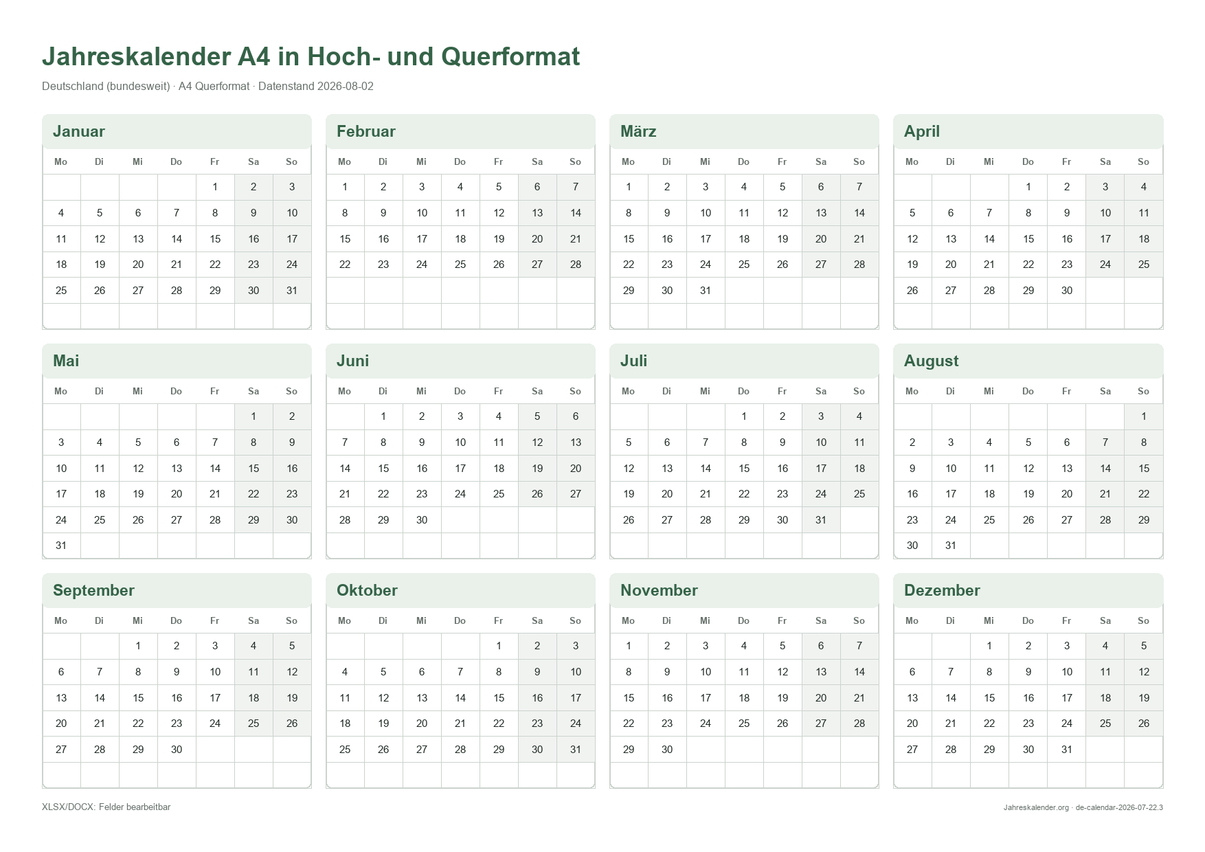 Jahreskalender A4 in Hoch- und Querformat 2027 – Druckvorschau
