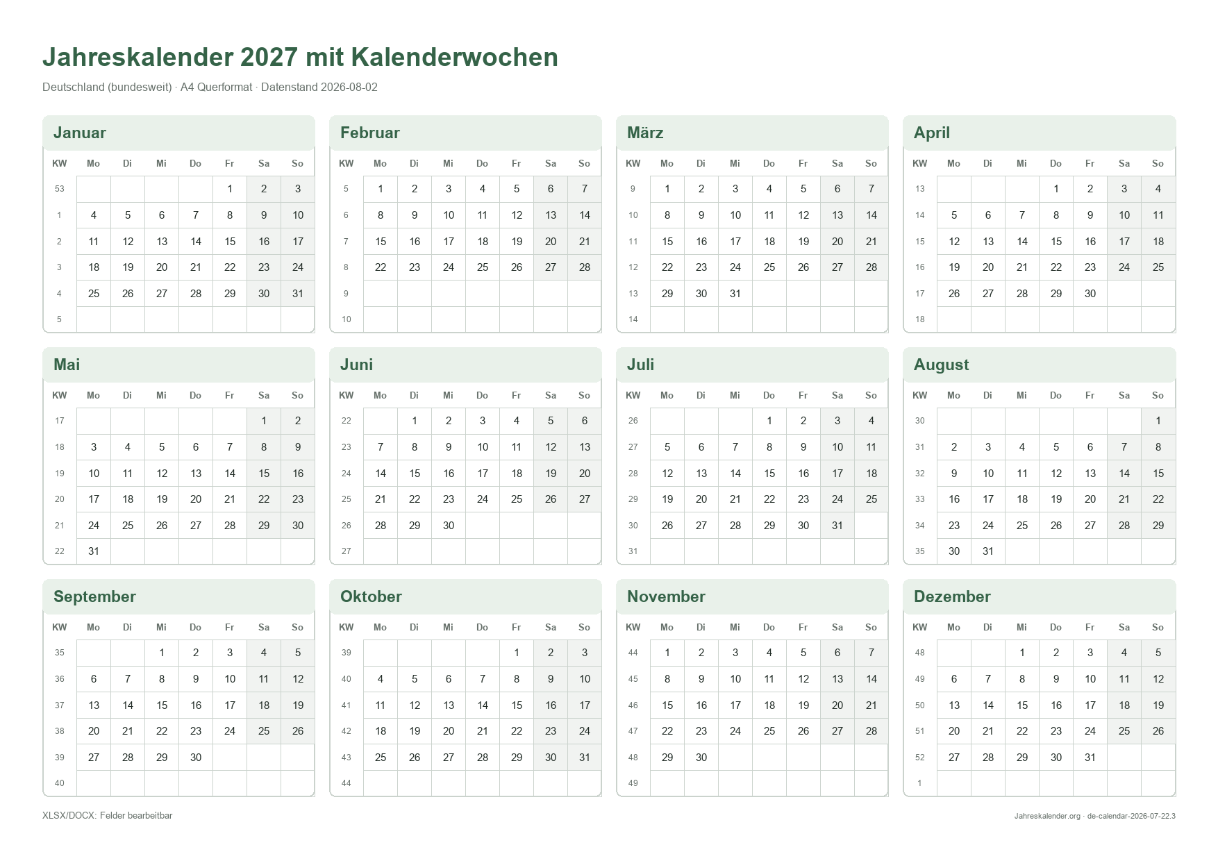 Jahreskalender 2027 mit Kalenderwochen 2027 – Druckvorschau