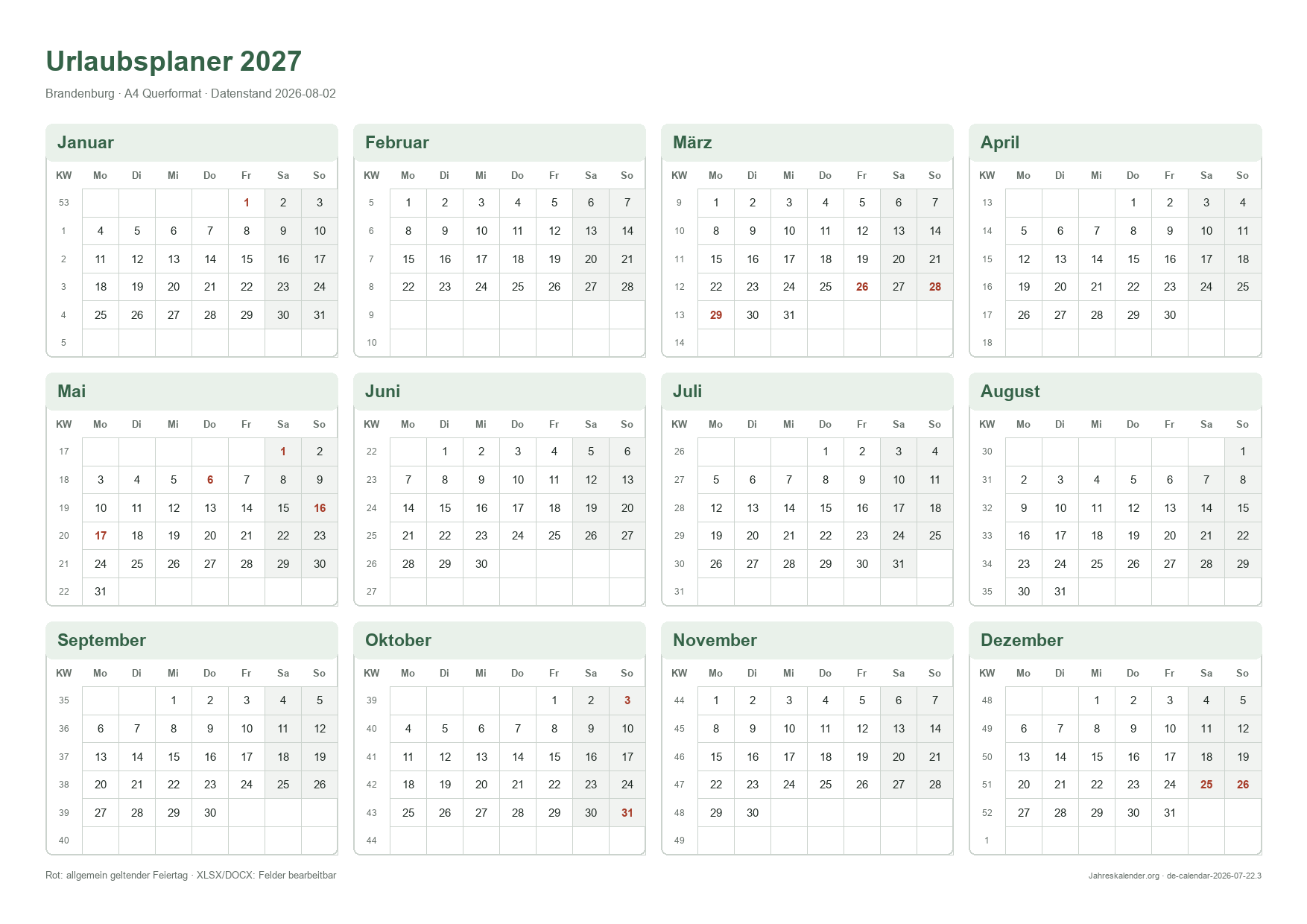 Urlaubsplaner 2027 2027 – Druckvorschau