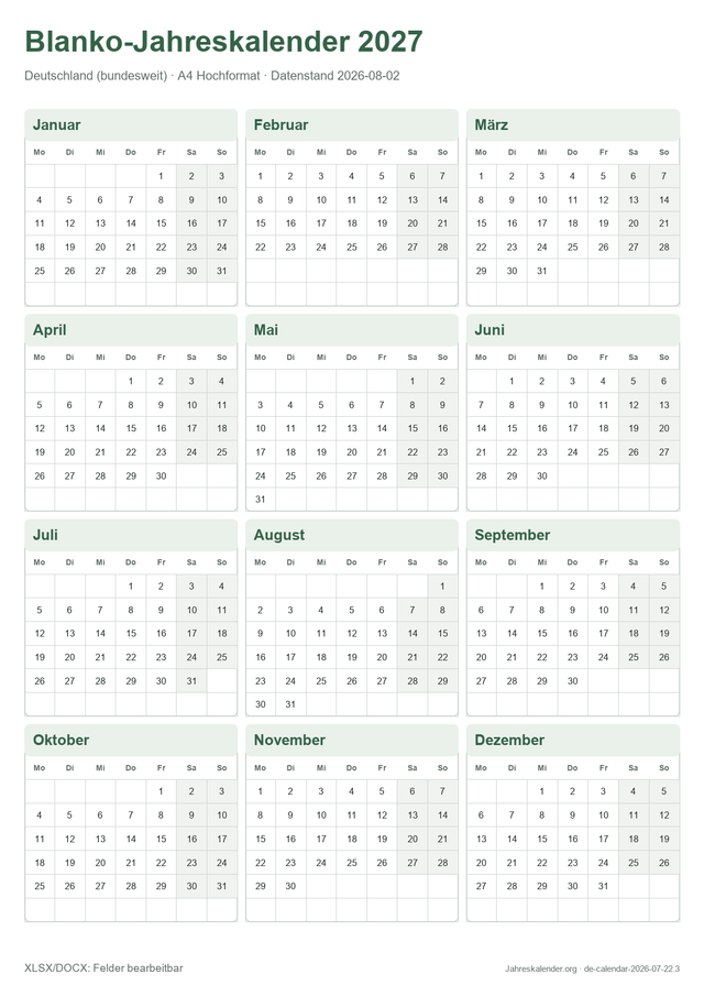 Blanko-Jahreskalender 2027 2027 – Druckvorschau