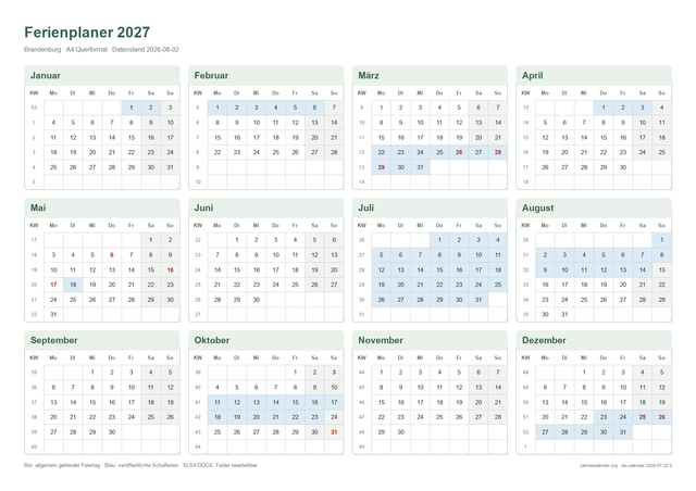 Ferienplaner 2027 2027 – Druckvorschau