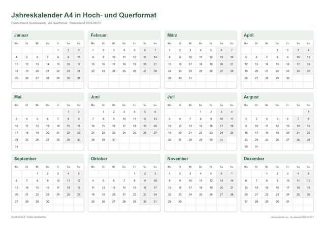 Jahreskalender A4 in Hoch- und Querformat 2027 – Druckvorschau