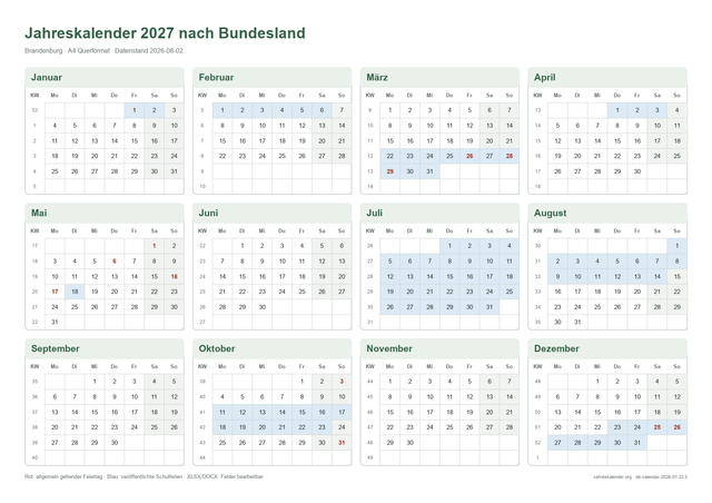 Jahreskalender 2027 nach Bundesland 2027 – Druckvorschau