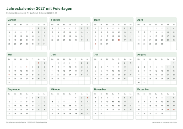 Jahreskalender 2027 mit Feiertagen 2027 – Druckvorschau