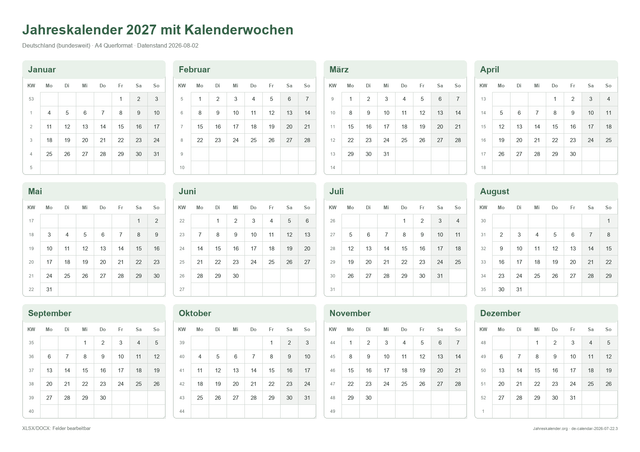 Jahreskalender 2027 mit Kalenderwochen 2027 – Druckvorschau