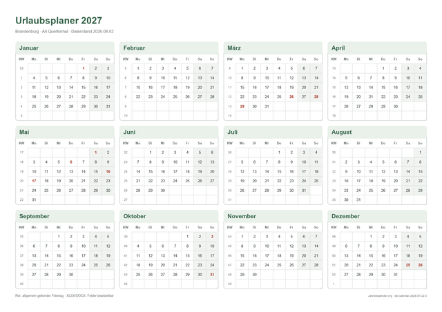 Urlaubsplaner 2027 2027 – Druckvorschau